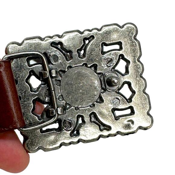 Faux Turquoise Belt buckle with Brown Tooled Leather Belt - Picture 3 of 8